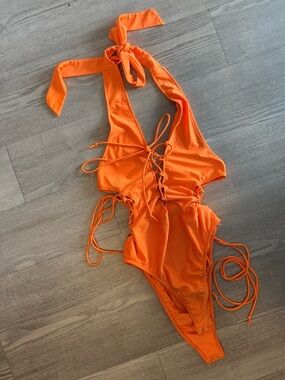Bright Orange Lace-Up One-Piece bodysuit